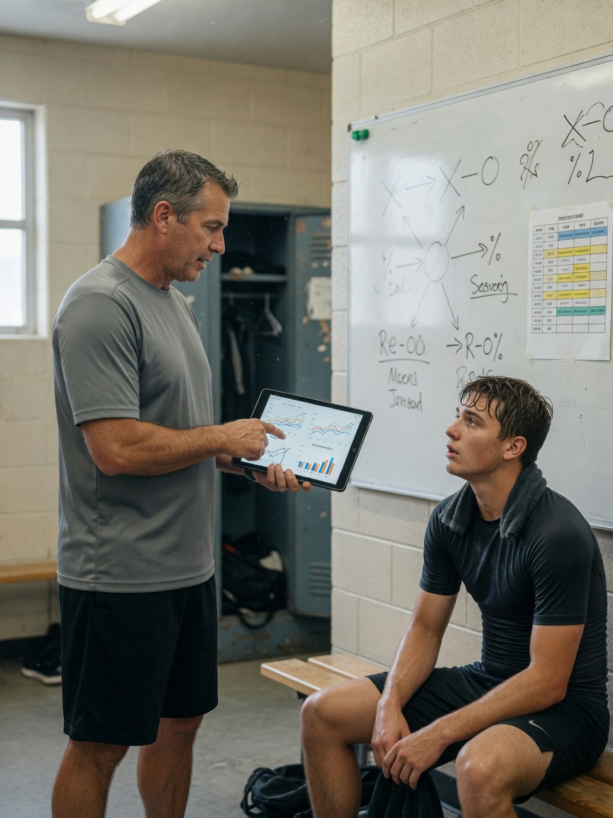 Coach analysiert Leistungsdaten und Teamkultur, gibt präzise Anweisungen im Trainingsraum.