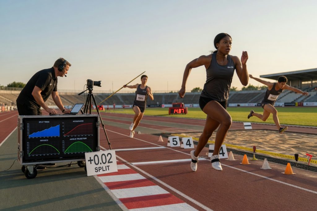 Clean, cinematic stadium scene at sunrise: three adult athletes shown in layered action with