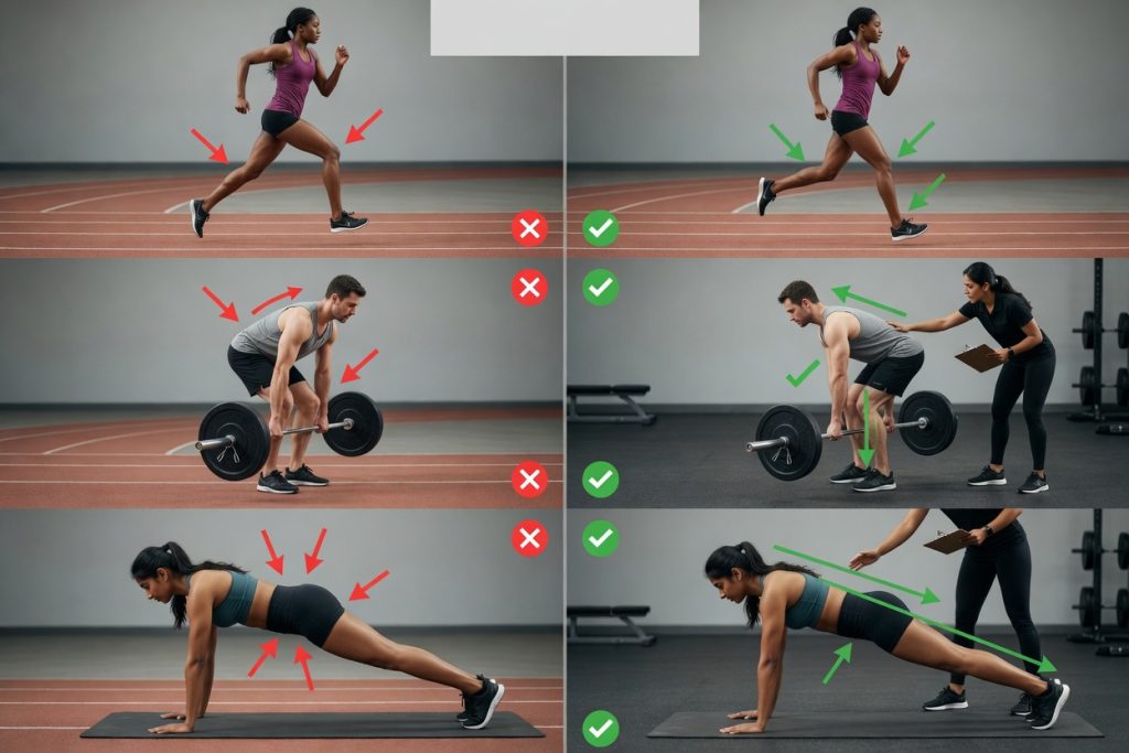 Split-screen photo showing common beginner sports mistakes versus correct form, with a coach guiding