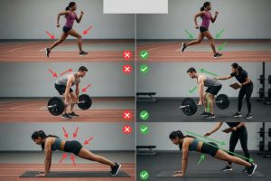Split-screen photo showing common beginner sports mistakes versus correct form, with a coach guiding