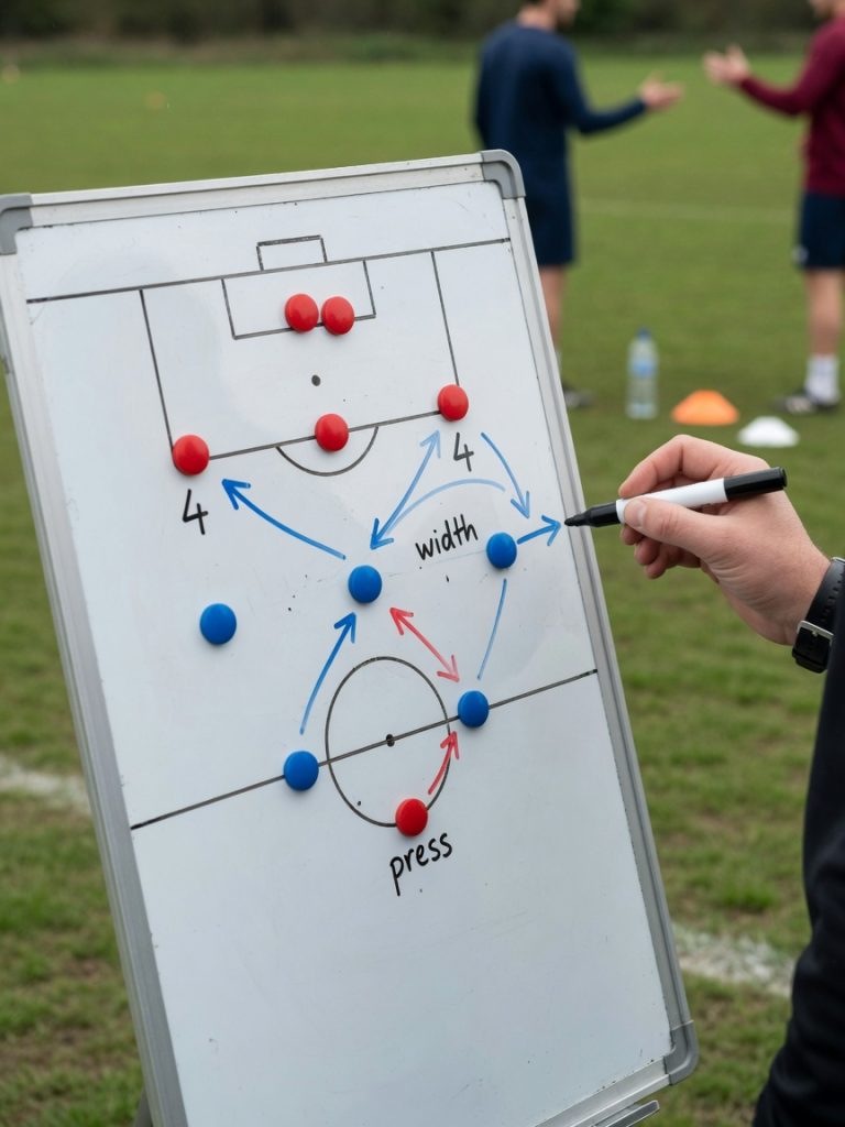 Nahaufnahme eines Taktik-Boards am Spielfeldrand mit 4-4-2-Aufstellung aus roten und blauen Magneten; Coachhand zeichnet