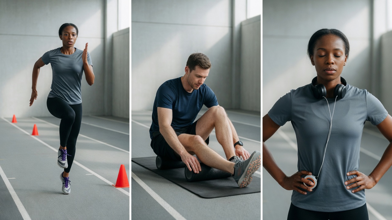 Editorial triptych photo in an indoor training facility showing three warm-up phases: left, a