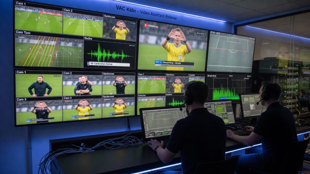 Photographic, documentary-style still image showing the moment VAR impacts the match on the field
