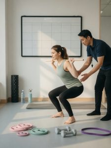 Anfänger trainiert mit Trainer: saubere Technik, leichte Gewichte, Plan und Regeneration im Studio