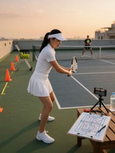 Fashion editor learning tennis, analyzing technique and tactics on golden-hour rooftop court.