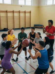 Schüler im Sportunterricht trainieren Teamarbeit und Fitness in einer hellen Schulsporthalle mit Lehrkraft