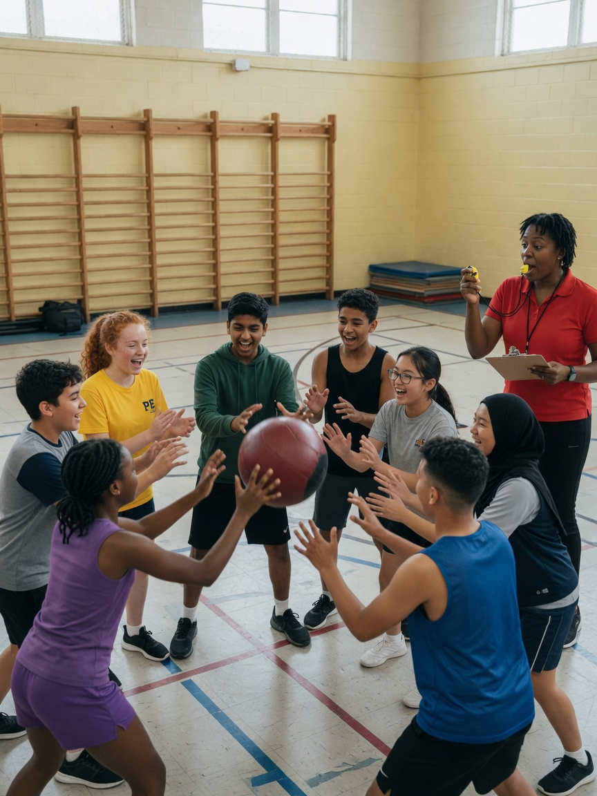 Schüler im Sportunterricht trainieren Teamarbeit und Fitness in einer hellen Schulsporthalle mit Lehrkraft