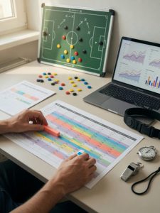 Coach erstellt Trainingsplan mit Periodisierung, Taktiktafel und Leistungsanalysen im Büro.