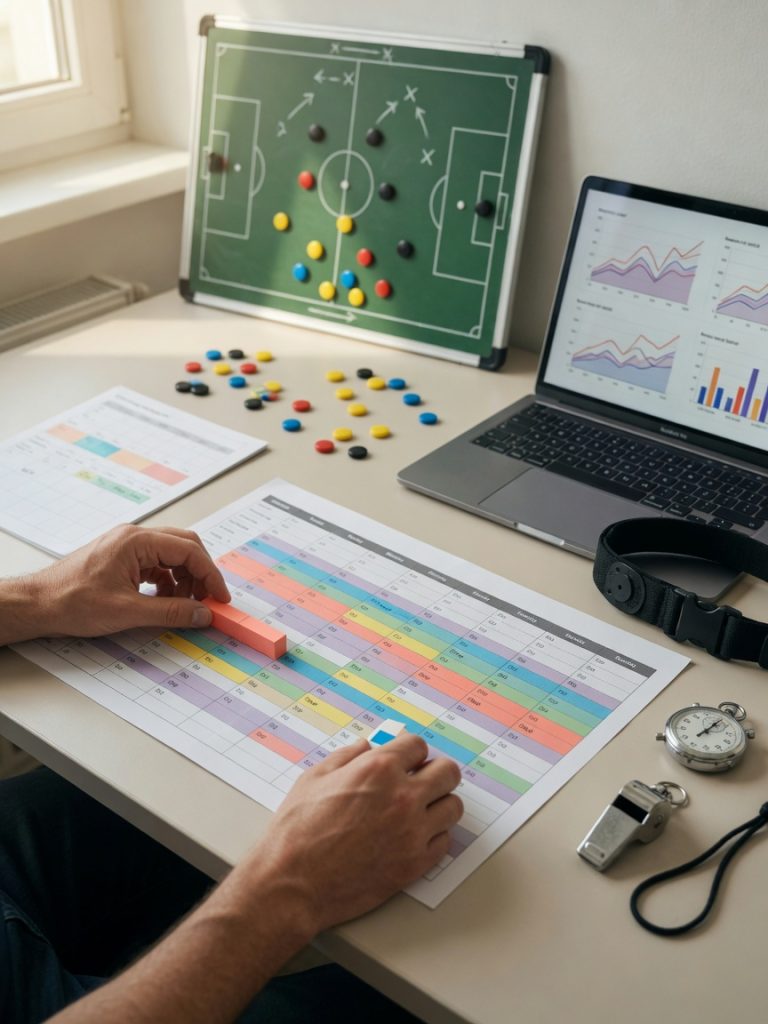 Coach erstellt Trainingsplan mit Periodisierung, Taktiktafel und Leistungsanalysen im Büro.