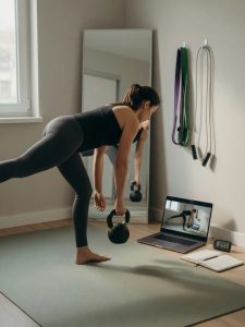 Athlete training at home gym, practicing technique and mindfulness with minimal equipment