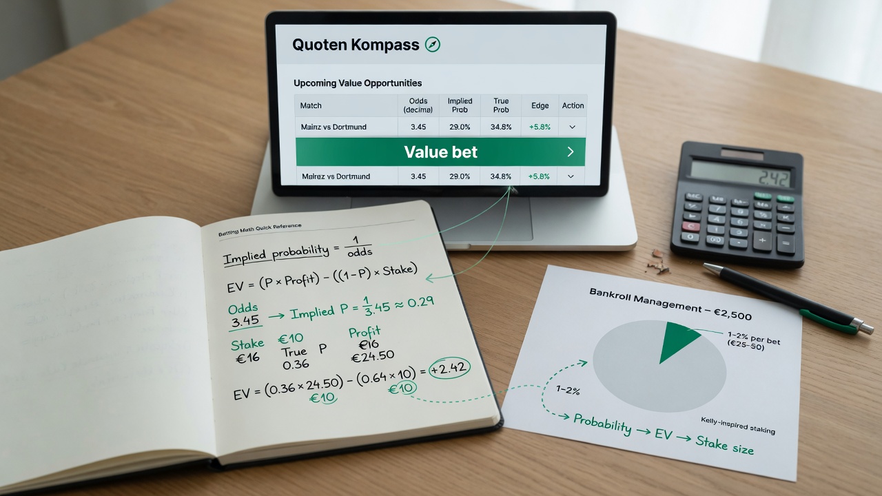 Overhead photo of a laptop with a Quoten Kompass odds table, a notepad showing