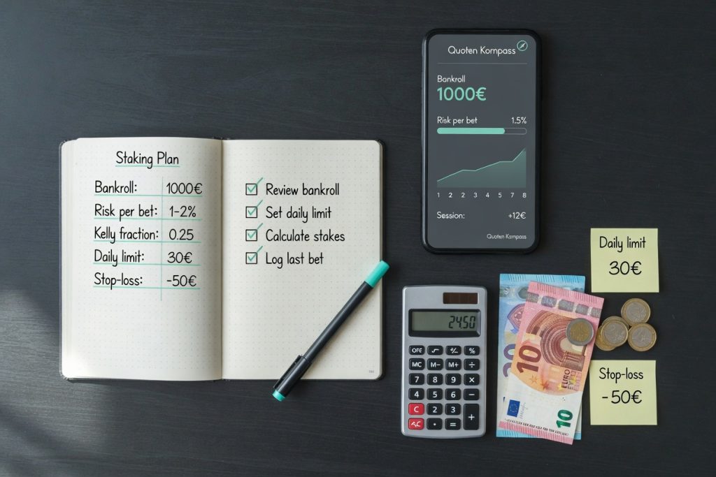 Top-down photo of a neat bankroll management setup: notebook with staking plan, Quoten Kompass