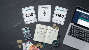 Top-down photo of a sports betting workspace with three cards showing Decimal 2.50, Fractional