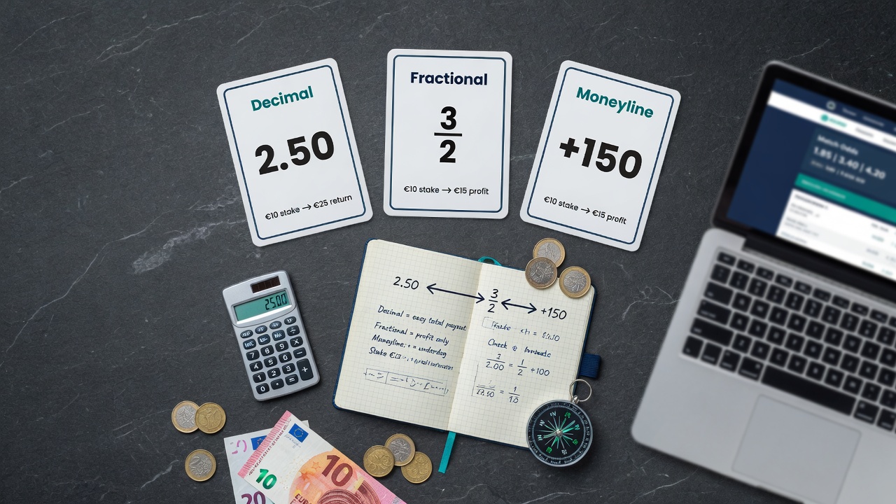 Top-down photo of a sports betting workspace with three cards showing Decimal 2.50, Fractional